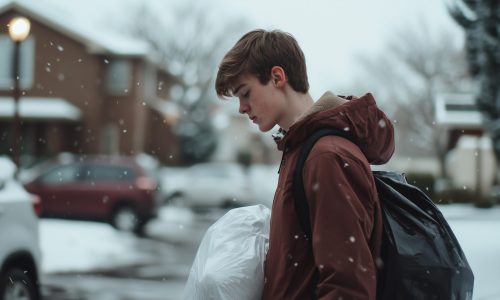 Teenager Taking Out the Trash on a Chilly Evening