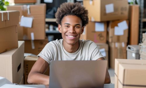 Online business. Young man business owner about online business. Successful and happy with the business.